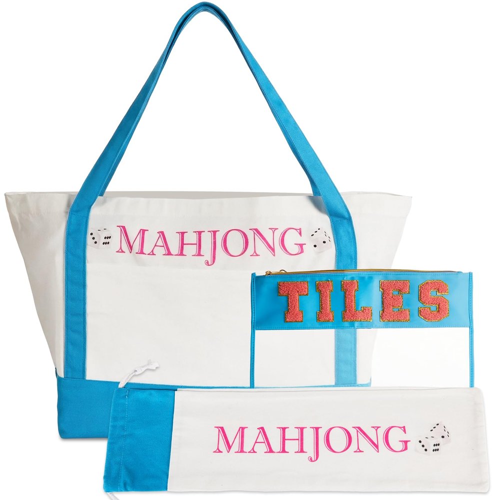 Bornerwhite 3 Pcs Empty Mahjong Bag Sets for Tiles and Racks Mahjong Tote Bag with Embroidered for American Mahjong Storage Game Night Mahj Accessories(Blue)