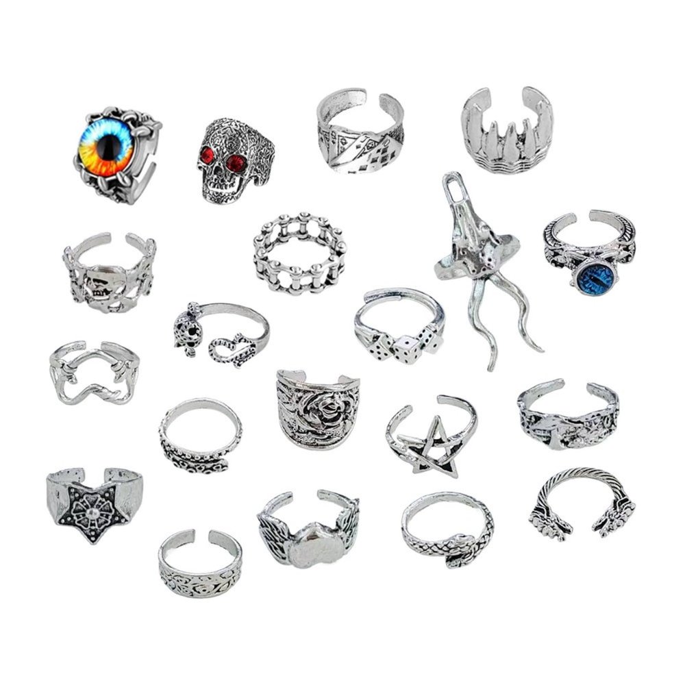 ADONJBISG 20Pcs Vintage Punk Rings Set for Women, Retro Skull Demon Eye Animal Finger Jewelry, Exaggerated Gothic Alloy Rings for Halloween Party Music Festival Gifts
