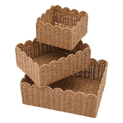 3 Pcs Scalloped Rattan Baskets, Woven Wicker Storage Baskets for Organizing, Scalloped Edge Baskets for Nursery, Bathroom, Medium, Large, Small, Rectangular