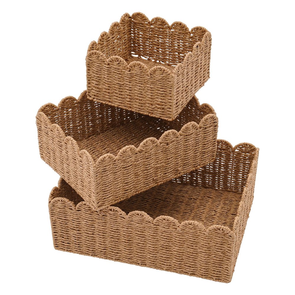 3 Pcs Scalloped Rattan Baskets, Woven Wicker Storage Baskets for Organizing, Scalloped Edge Baskets for Nursery, Bathroom, Medium, Large, Small, Rectangular