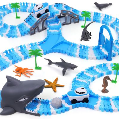 TGJH Ocean Theme Flexible Race Car Tracks for Kids, Birthday Gift for Boys Age 3 4 5 6 7 Years Old, 240+ PCS Buildable Car Track Playset with Shark Tunnel and Sea Creature Accessories
