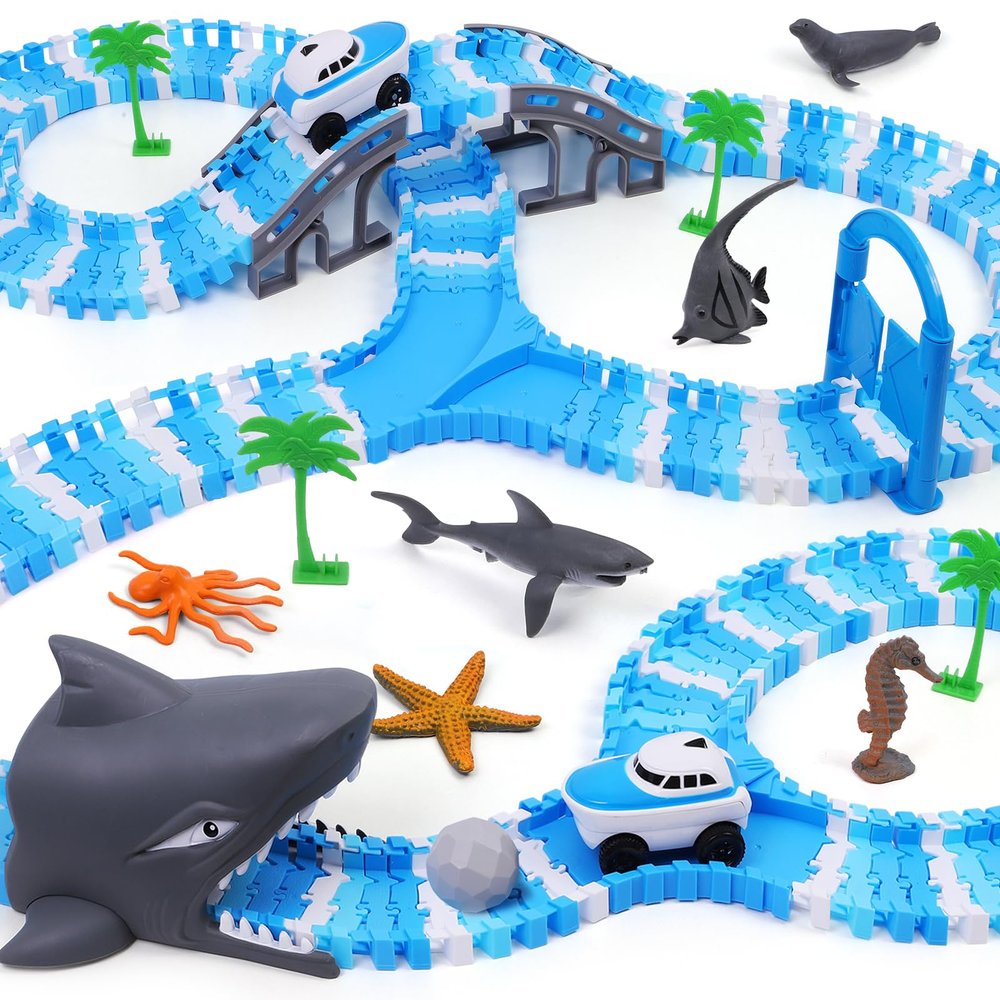 TGJH Ocean Theme Flexible Race Car Tracks for Kids, Birthday Gift for Boys Age 3 4 5 6 7 Years Old, 240+ PCS Buildable Car Track Playset with Shark Tunnel and Sea Creature Accessories
