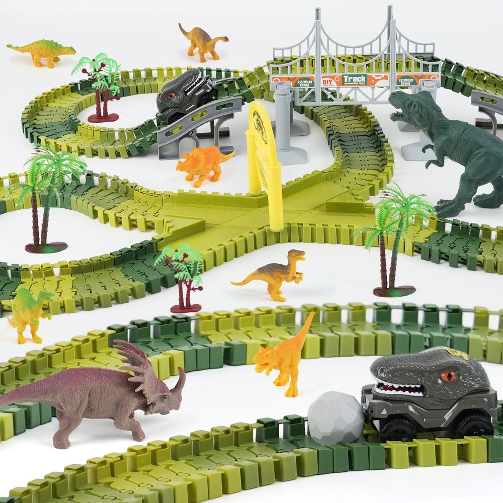 TGJH Dinosaur Race Car Track Toys for Kids, Birthday Gifts for 3 4 5 6 7 Year Old Boys Girls, 255+ PCS Dinosaur World Adventure Building Playset with Flexible Track, DIY A Dinosaur World Road Race