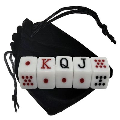 Spanish Poker Dice Set 16mm (5/8") Dot K Q J 8 7 Includes Storage Pouch (Modern White Dice, 1 Set - Casual Play)