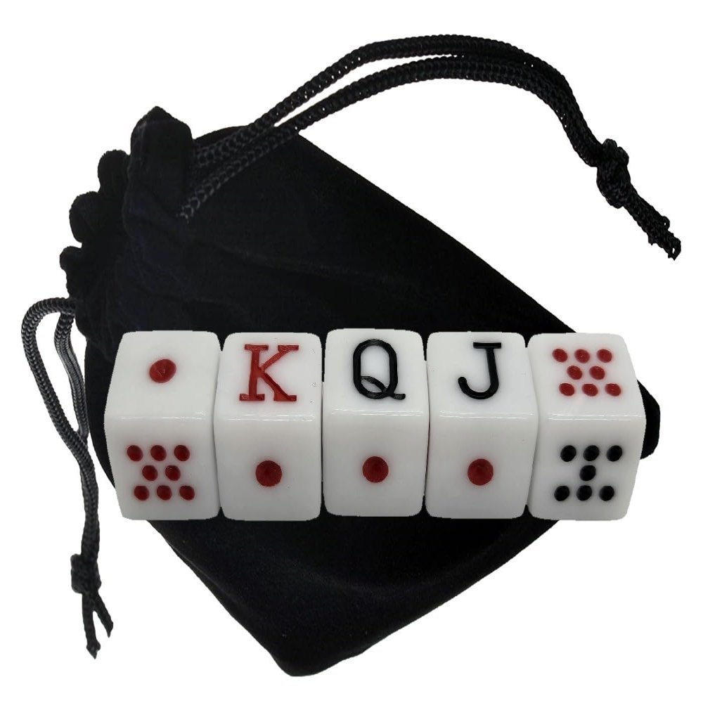 Spanish Poker Dice Set 16mm (5/8") Dot K Q J 8 7 Includes Storage Pouch (Modern White Dice, 1 Set - Casual Play)