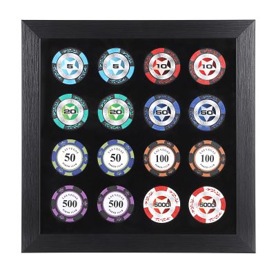 GUSHBIN Poker Chip Display Case for 16 Chips Casino Chips Display Frame for Home Decor Wall Mounted & Tabletop Displaying Souvenir Chips, 9.8" x 9.8"