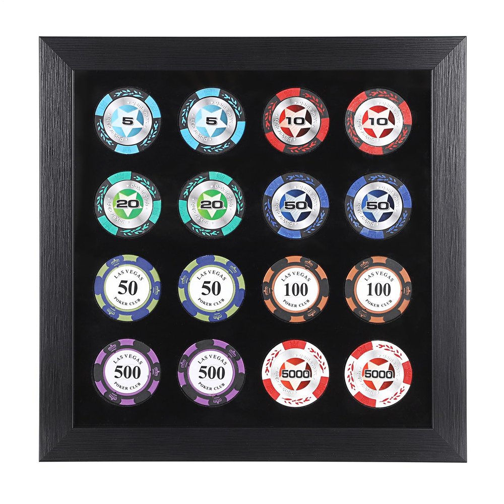 GUSHBIN Poker Chip Display Case for 16 Chips Casino Chips Display Frame for Home Decor Wall Mounted & Tabletop Displaying Souvenir Chips, 9.8" x 9.8"