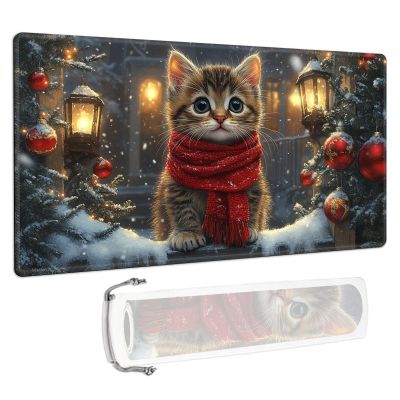 for MTG/TCG Playmat - 24x14 Inch Trading Card Game Mat with Reinforced Stitched Edges,Non-Slip Rubber Base and Free Storage Bag,Large Desk Mat,Cute Christmas Kitten