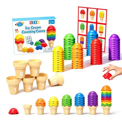 Ice Cream Counting and Color Sorting Stacking STEM Toys,71 Pcss,Montessori Number Preschool Kindergarten Learning Activities,Math Manipulatives Educational Fine Motor Skills Toys for Kids Ages 3+
