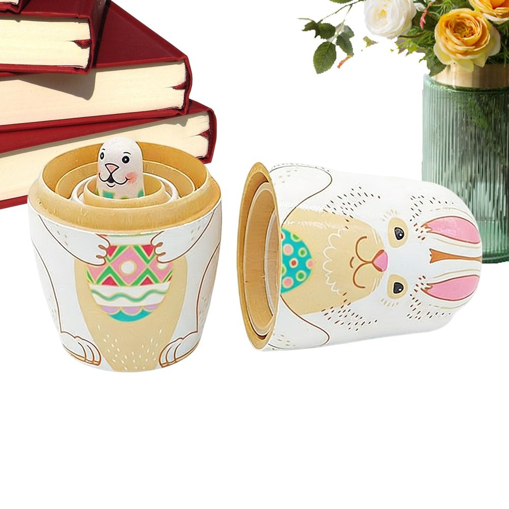 Easter Russian Nesting Dolls, 5PCS Easter Bunny Nesting Dolls, Cute Rabbit Russian NestingDoll, Educational Wooden Bunny NestingDoll, for Playroom, Spring, Birthday, Holiday