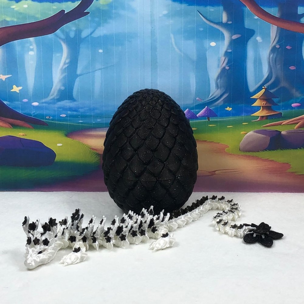 Articulated Dragon, 12" White and Black Cherry Blossom Dragon with Egg, 3D Printed Fidget Sress Relief for ADHD, Autism, Relief Anxiety D030-BE