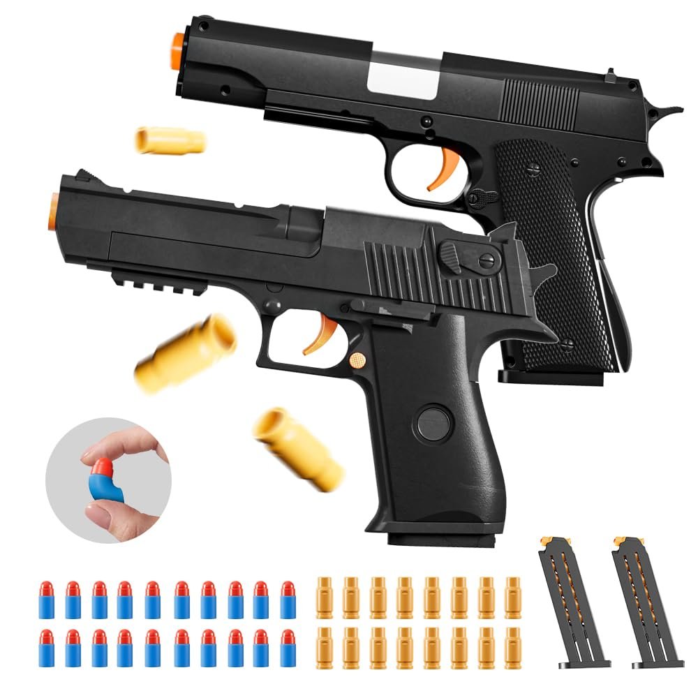 2Pack M1911 Soft Bullet Toy Gun with Ejecting Shells, EVA Foam Bullets Toy Pistol, Shooting Games, Backyard Fun and Outdoor Games, Education Toy Model for Boys Girls Halloween Christmas (Black+Black)