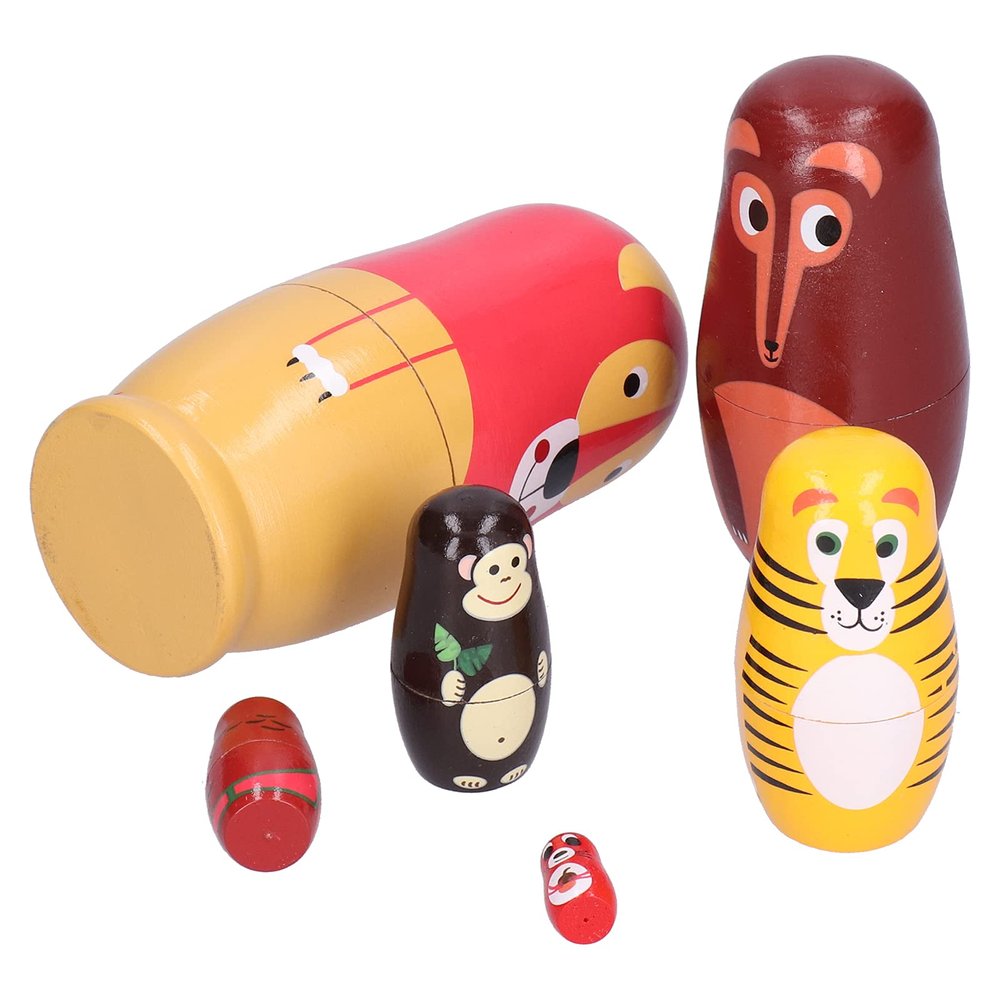 Rcniso 6pcs Russian Nesting Dolls Kit for Kids Wooden Cartoon Animal Pattern Ornament Festival Gifts