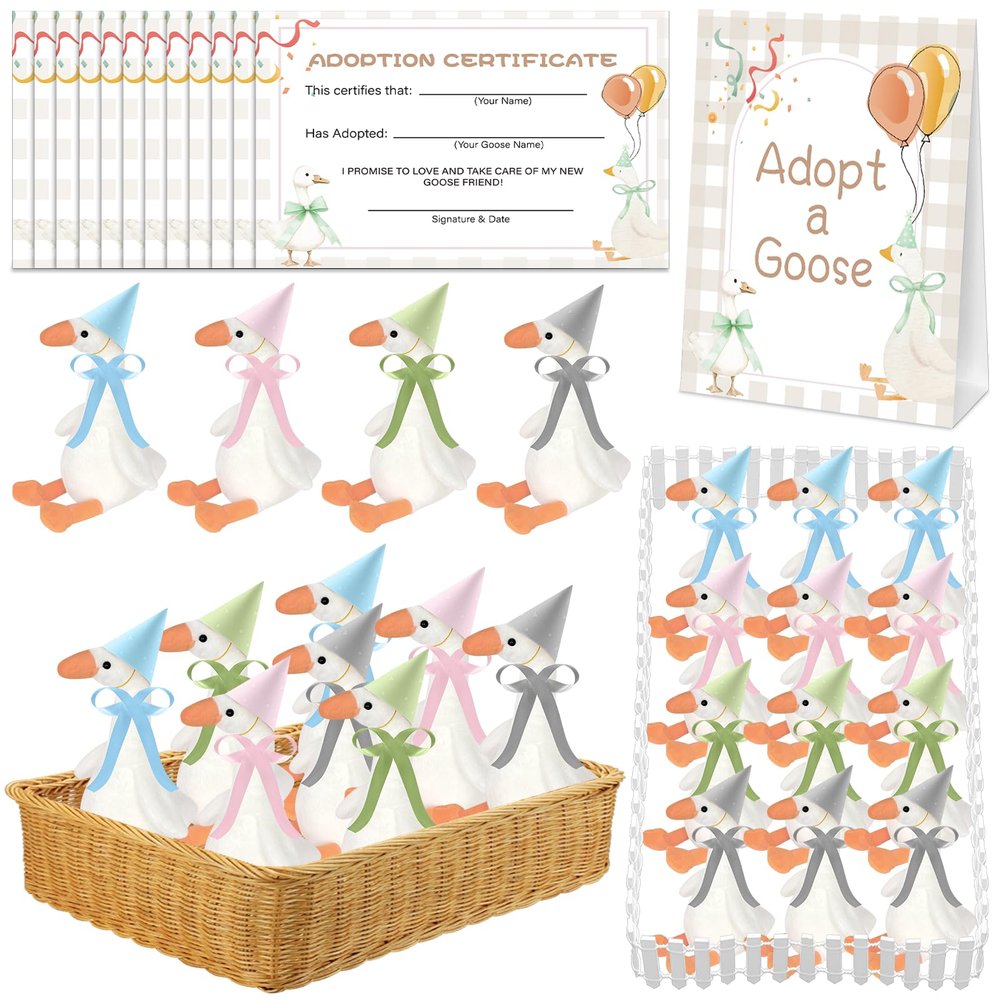 42 Pcs Adopt a Silly Goose Party Favor Include 12 Silly Goose Stuffed Animal 12 Mini Hat 12 Adoption Card 1 Adoption Sign 4 Ribbon 1 Fence for One Silly Goose Baby Shower Party 1st Birthday Decoration