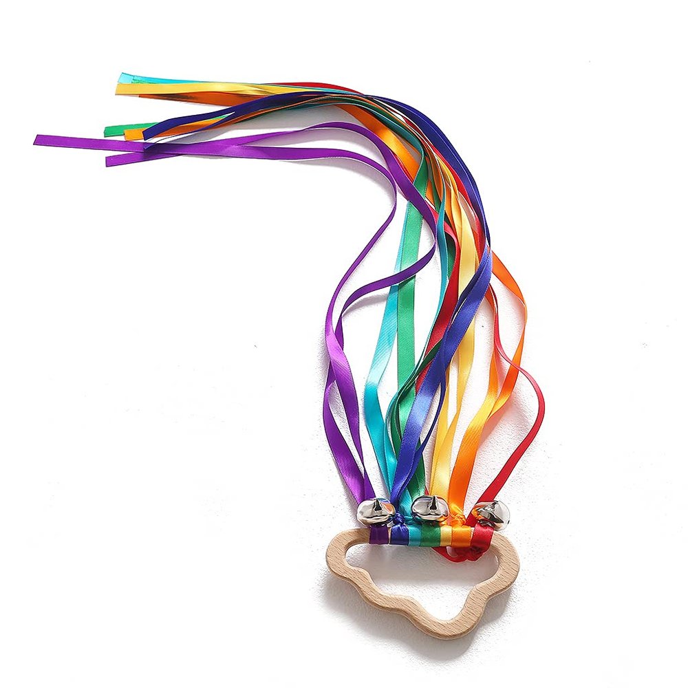 Rainbow Hand Kite Ribbon Sensory Toy Colorful Dancing Bells Rattle Toys Rainbow Streamers Handbells Rattles