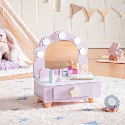 ROBOTIME Toddler Vanity Makeup Table Toy with Mirror & Light, Wooden Kids Makeup Vanity Set, Dressing Table with Accessories and Lights, Pretend Makeup Set for Little Girls (Purple)
