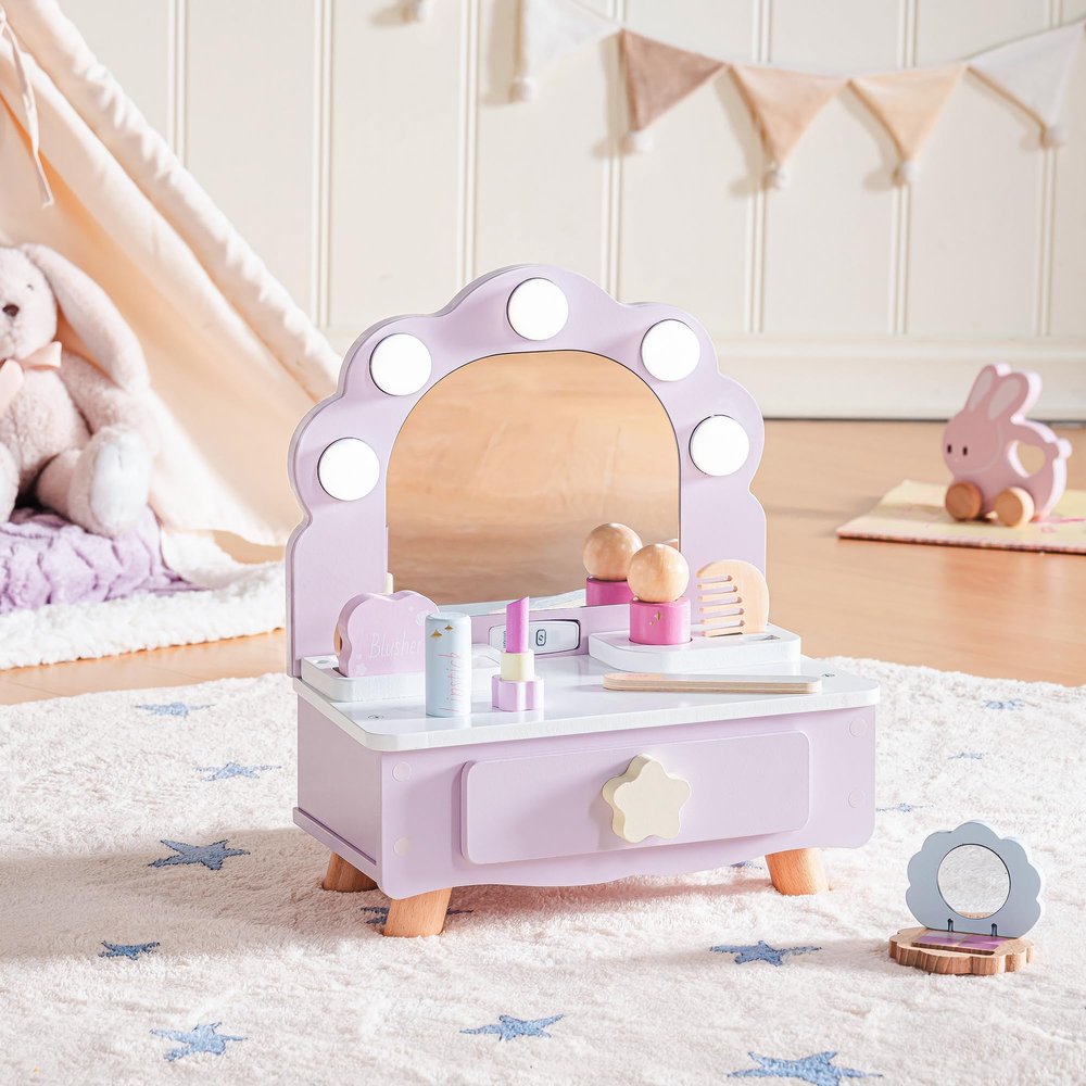 ROBOTIME Toddler Vanity Makeup Table Toy with Mirror & Light, Wooden Kids Makeup Vanity Set, Dressing Table with Accessories and Lights, Pretend Makeup Set for Little Girls (Purple)