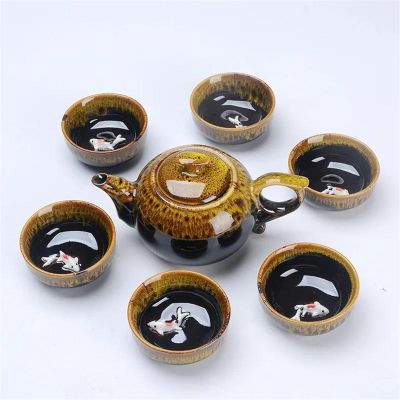 NUHSLF Tea Kettle, Fish Play Tea Set Chinese Style Ceramic Kung Fu Tea Set Teapot Portable Tea Cups of Tea Ceremony Teaware Sets S Teapot(Giallo-OneSize)