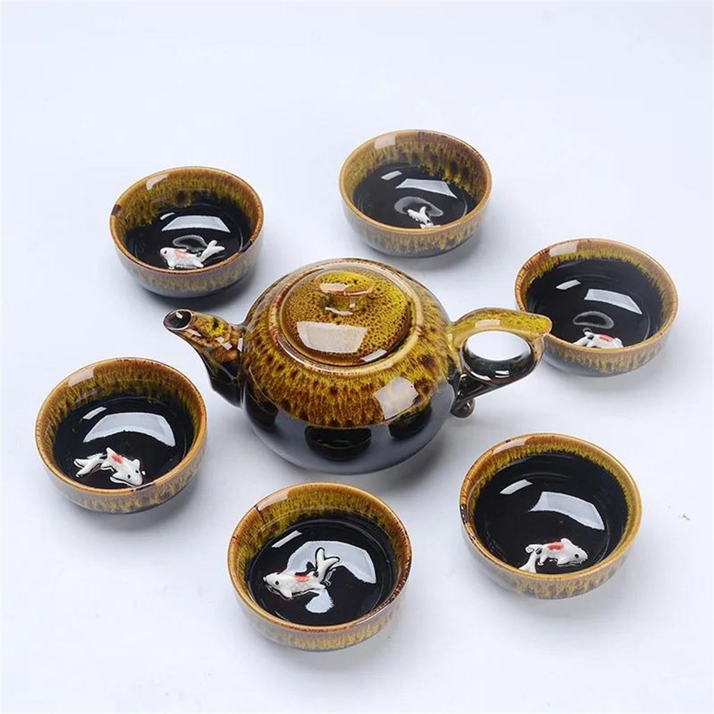 NUHSLF Tea Kettle, Fish Play Tea Set Chinese Style Ceramic Kung Fu Tea Set Teapot Portable Tea Cups of Tea Ceremony Teaware Sets S Teapot(Giallo-OneSize)
