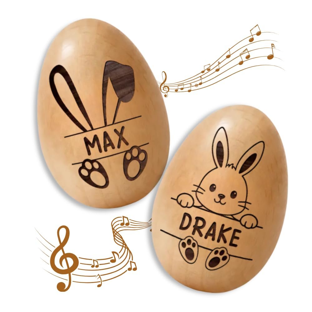 E EntrySanddie Personalized Musical Easter Egg Shaker for Babies, Wooden Egg Shakers with Name, Custom Engraved First Easter Keepsake, Easter Basket Stuffer Baby Gift