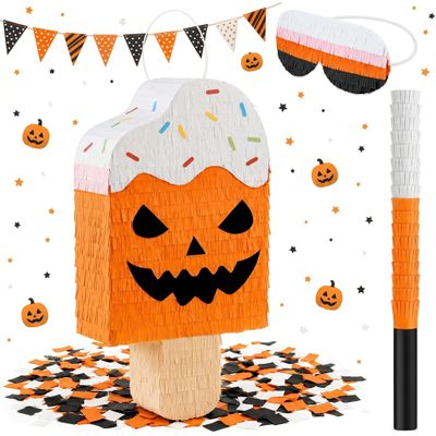Blueweenly 16'' Large Summer Halloween Piata Ice Cream Piata Summer Halloween Birthday Decoration with Stick Blindfold Confetti for Party Decorations Photo Prop Party Supply