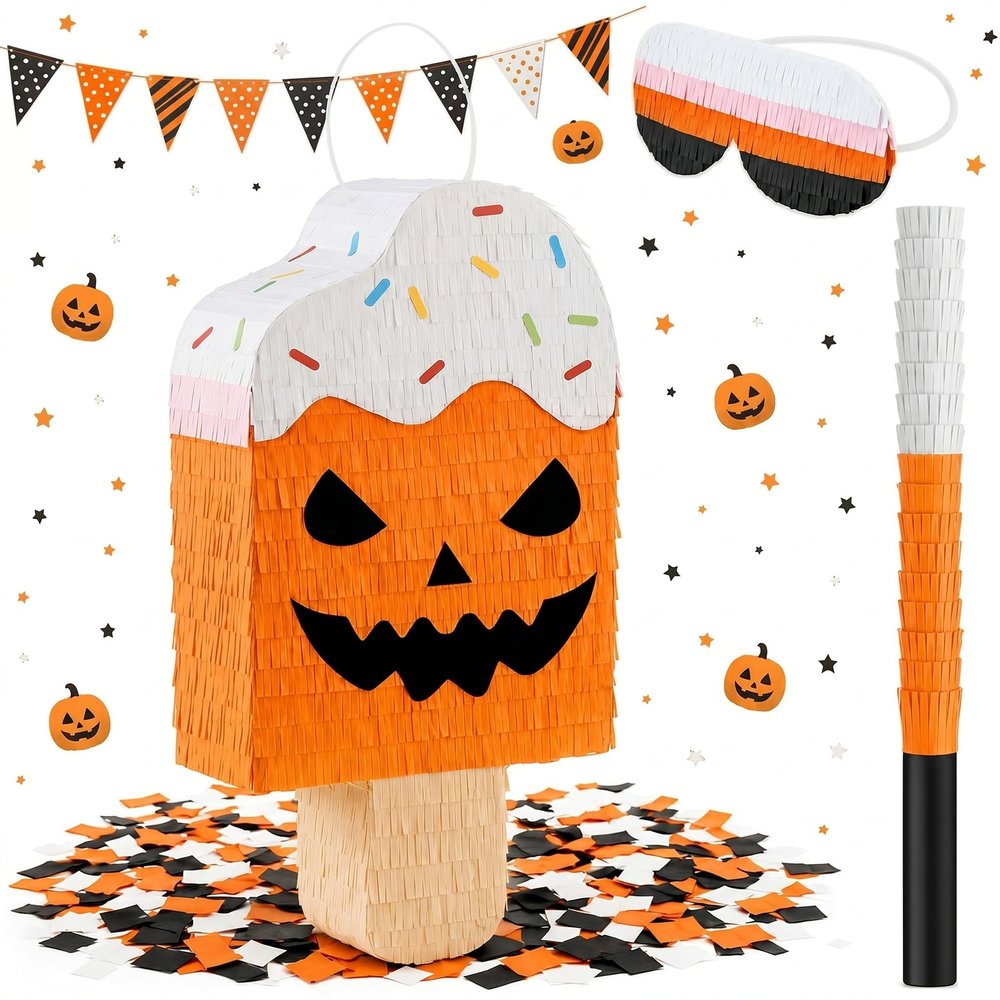 Blueweenly 16'' Large Summer Halloween Piata Ice Cream Piata Summer Halloween Birthday Decoration with Stick Blindfold Confetti for Party Decorations Photo Prop Party Supply