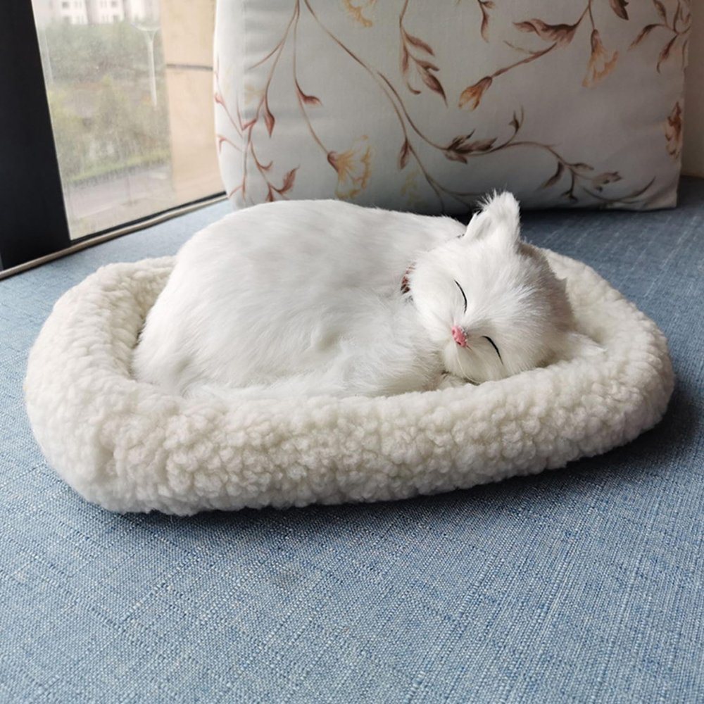 Faticenic Realistic Cat, Interactive Sleeping & Breathing Toy Cat with Mat, Accompanied Furry Stuffed Animals for Kids, Adults, White, Realistic Stuffed Animal, Toy