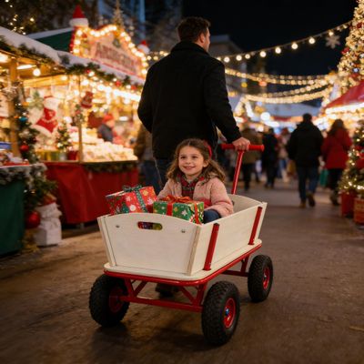 Tidyard Wooden Carriage Stroller, Four-Wheel Outdoor Kids Push Cart with Red Metal Frame and Light Wood Box, 260 LBS Capacity for Backyard Play, Park Adventures, and Toy Transport