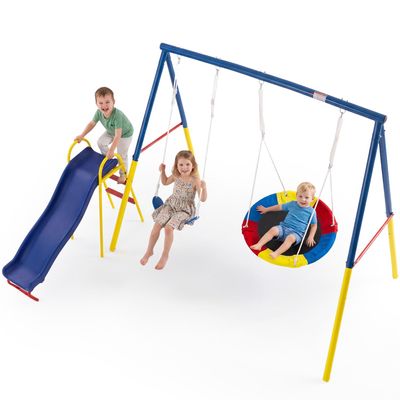 KDYMOD 3 in 1 Swing Set for Backyard with Stand, 440lbs Heavy Duty Metal Outdoor Swing Stand, Contain 1 Saucer 32" & 1 Belt seat 26.2" + 53in Sturdy Slide for Playground, Backyard Playset