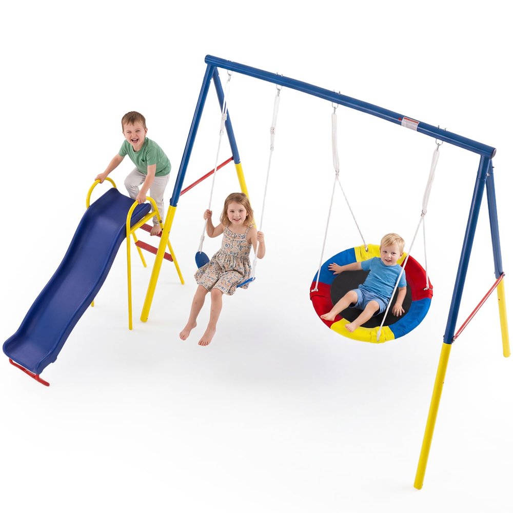 KDYMOD 3 in 1 Swing Set for Backyard with Stand, 440lbs Heavy Duty Metal Outdoor Swing Stand, Contain 1 Saucer 32" & 1 Belt seat 26.2" + 53in Sturdy Slide for Playground, Backyard Playset