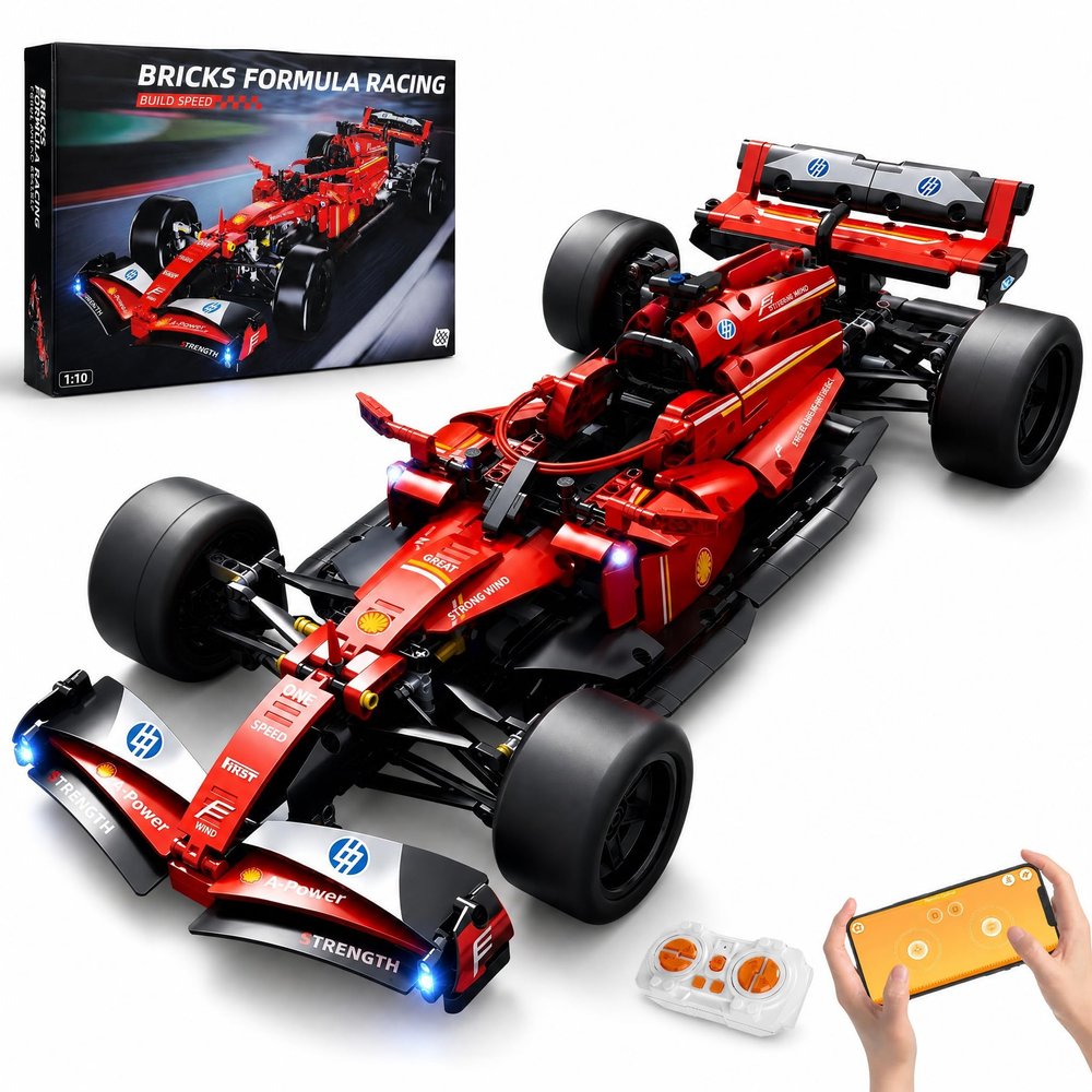 AoreSpty F1 RC Car Kit - 1:10 Red Formula 1 Racing Car 1086pcs, Compatible w/Major Brick Systems, Motorized RC & LED Lights, STEM Building Toy Teens Adults