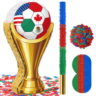 Blueweenly 16'' Large Soccer Piata Trophy Soccer Birthday Party Piata with Stick Blindfold Confetti Sports Event for Football Celebration Fan Party Decorations Photo Prop