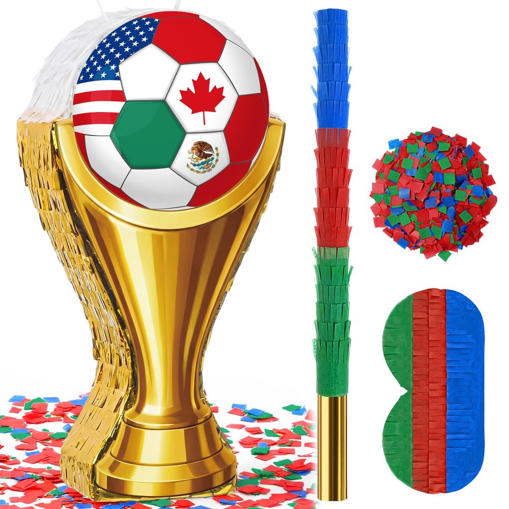 Blueweenly 16'' Large Soccer Piata Trophy Soccer Birthday Party Piata with Stick Blindfold Confetti Sports Event for Football Celebration Fan Party Decorations Photo Prop