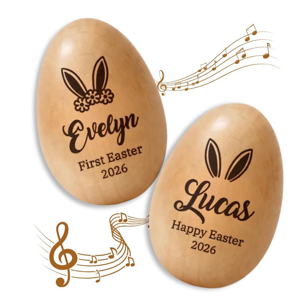 E EntrySanddie Personalized Musical Easter Egg Shaker for Kids, Happy Easter Wooden Egg Shakers with Name, Custom Engraved First Easter Keepsake, Basket Stuffer Gift (1)
