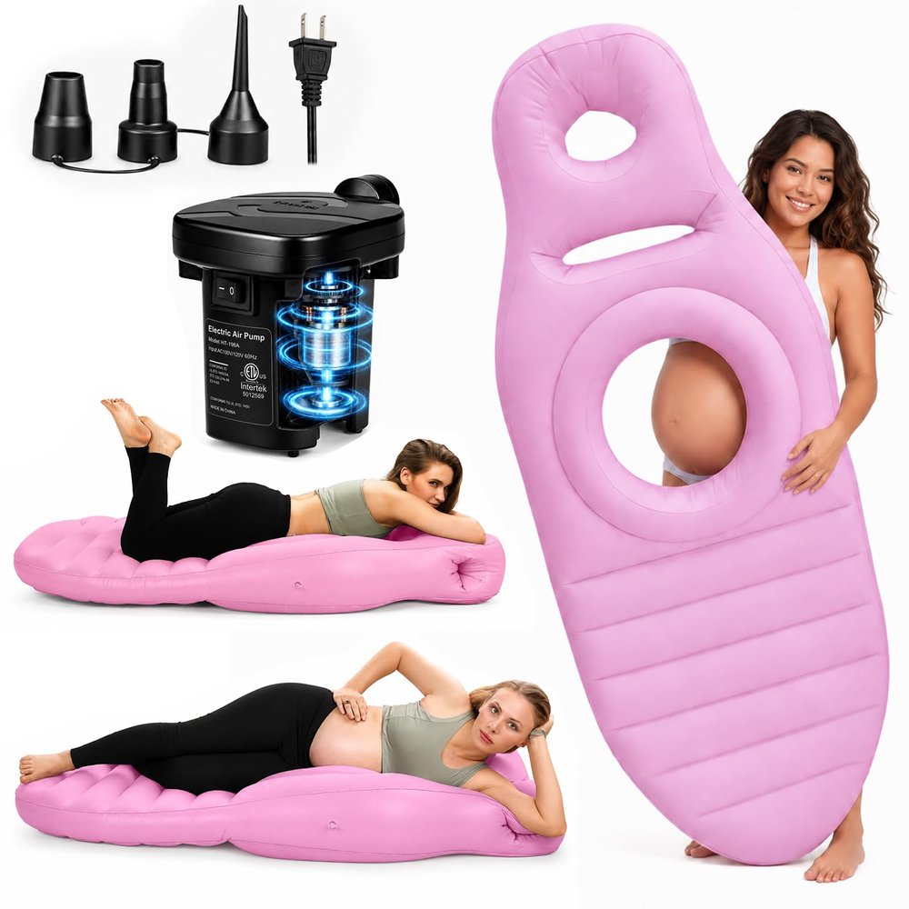 Inflatable Pregnancy Pillow, Full Body Ergonomic Maternity Air Bed with Belly Space for Prone Comfort & Better Sleep, Back & Hip Relief, Ideal for Bedroom, Living Room, Pool, Massage & Spa (Pink)