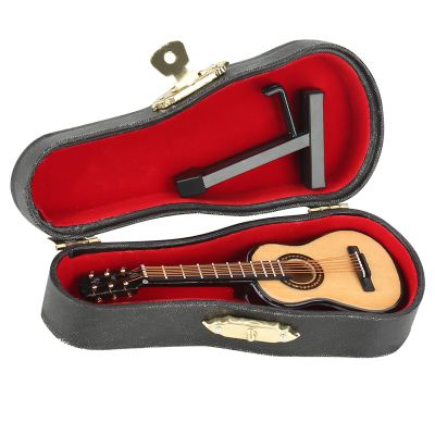 Kukyller Wooden Miniature Guitar with Stand and Case, Miniature Wooden Guitar Model Display Mini Musical Instrument Replica Collectible Figurines