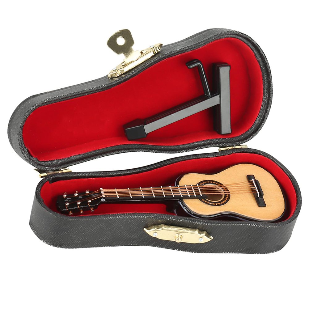 Kukyller Wooden Miniature Guitar with Stand and Case, Miniature Wooden Guitar Model Display Mini Musical Instrument Replica Collectible Figurines