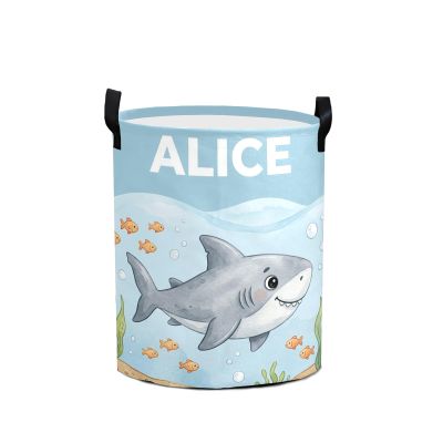 Personalized Gray Shark Laundry Hamper with Name for Kids Custom Canvas Storage Bin for Nursery Shower Gift Boys Girls Large Toy Organizer