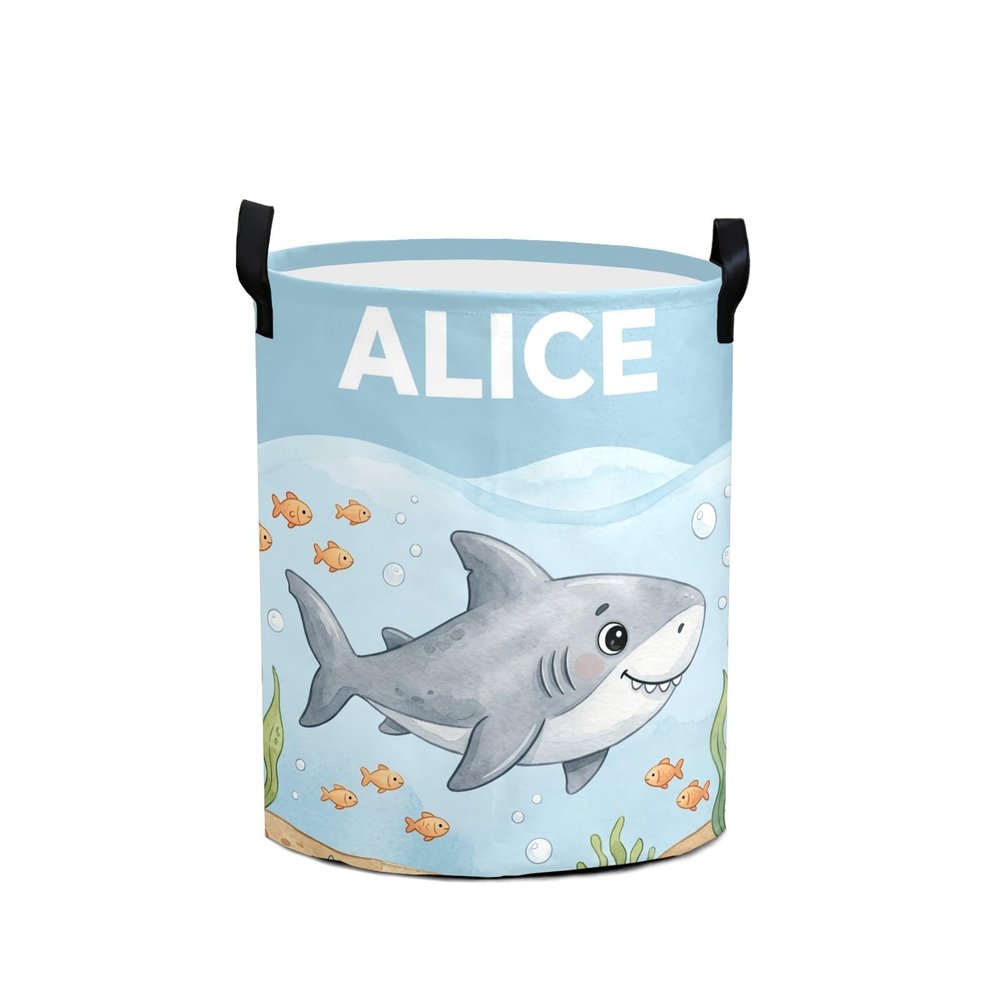 Personalized Gray Shark Laundry Hamper with Name for Kids Custom Canvas Storage Bin for Nursery Shower Gift Boys Girls Large Toy Organizer