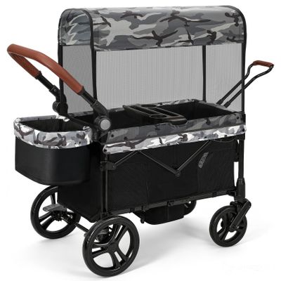 ELEMARA All-Terrain Stroller Wagon for 2 Kids, Foldable Kids Wagon Stroller Includes Removable Canopy,Mosquito net, Adjustable PushPull Handle,Snack Tray & Cup Holders, Storage Basket, Black+White
