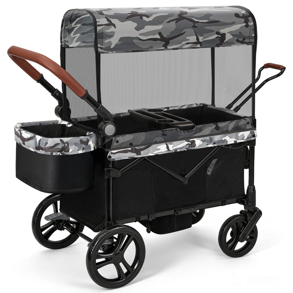 ELEMARA All-Terrain Stroller Wagon for 2 Kids, Foldable Kids Wagon Stroller Includes Removable Canopy,Mosquito net, Adjustable PushPull Handle,Snack Tray & Cup Holders, Storage Basket, Black+White