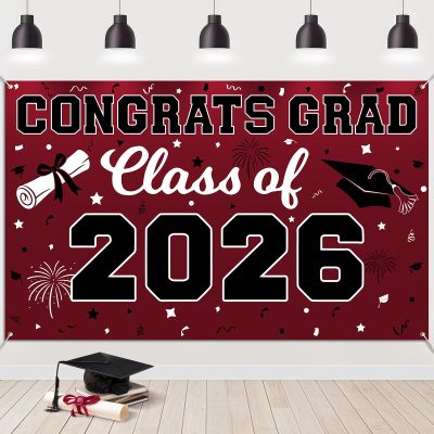 2026 Graduation Backdrop Banner, Congrats Grad Banner Class of 2026 Maroon Graduate Backdrop for Graduation Party Decorations (Maroon Black)