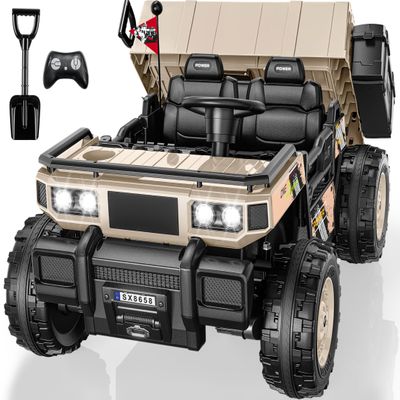 24V 2 Seater Ride On Dump Truck with Electric Dump Bed, Shovel, Toolbox, 4x100W Powerful Motors, Max 4.5Mph, Parent Remote, All-Terrain Tires, Ride on Car for Kids Ages 3-8, 132Lbs Load, Khaki