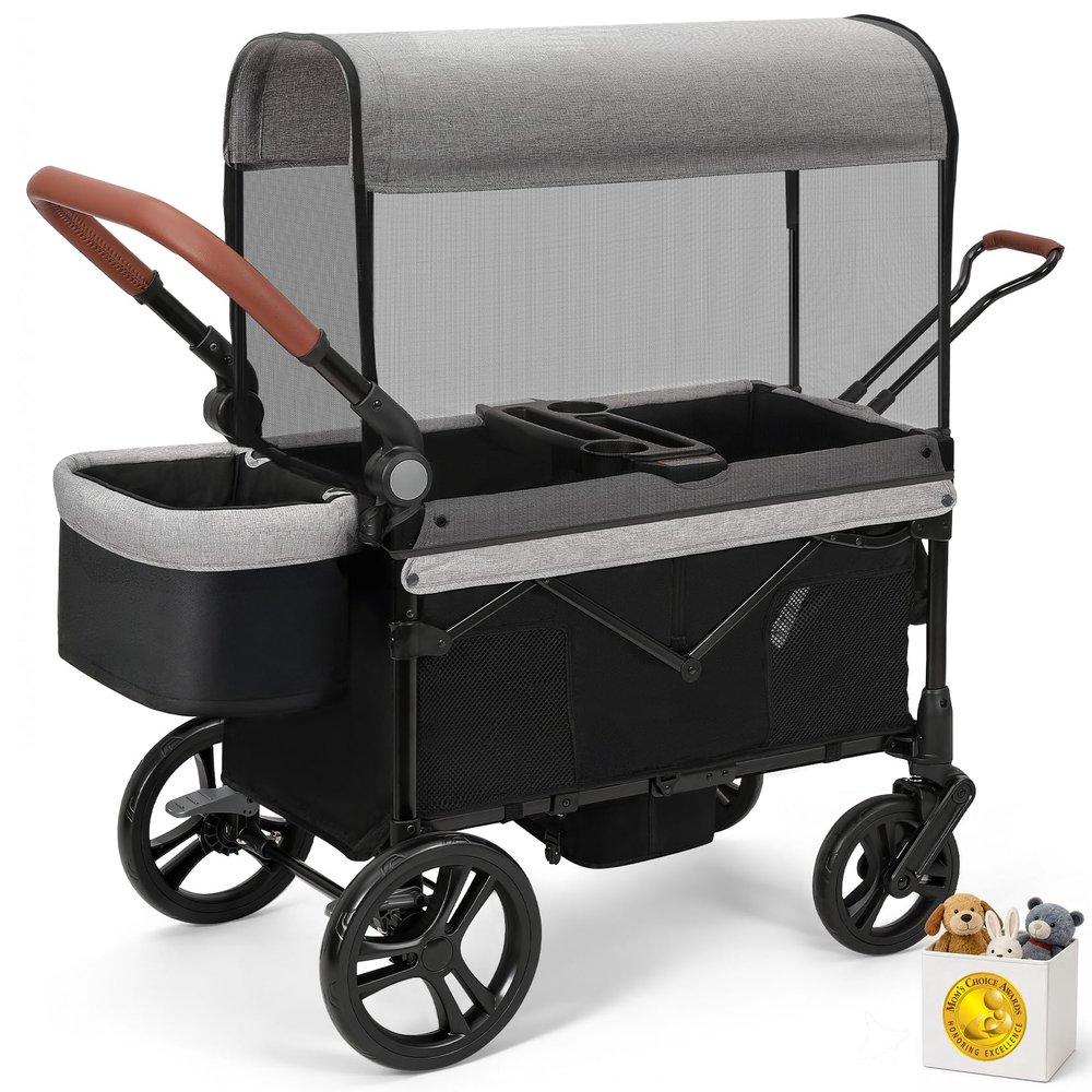 ELEMARA All-Terrain Stroller Wagon for 2 Kids, Foldable Kids Wagon Stroller Includes Removable Canopy,Mosquito net, Adjustable PushPull Handle,Snack Tray & Cup Holders, Storage Basket, Grey+Black