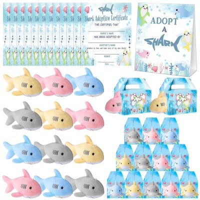 37 Pcs Adopt a Shark Party Favors Include 12 Mini Stuffed Sharks 12 Kraft Paper Gift Bags 12 Adopt Certification 1 Adoption Sign for Shark Week Adoption Ocean Animal Theme Party Birthday Gifts