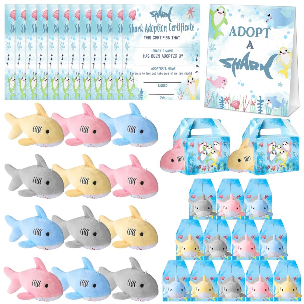 37 Pcs Adopt a Shark Party Favors Include 12 Mini Stuffed Sharks 12 Kraft Paper Gift Bags 12 Adopt Certification 1 Adoption Sign for Shark Week Adoption Ocean Animal Theme Party Birthday Gifts