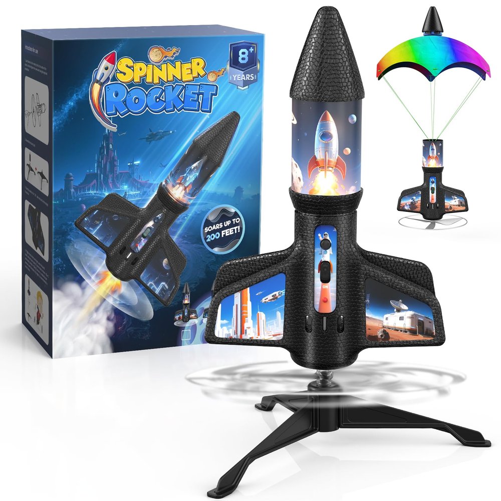 ZeroPhear Rocket Launcher for Kids, 200 ft Auto Launching Spinner Rocket Toy with LED and Safety Parachute, 2-Altitude Launch, USB Rechargeable, Outdoor Toys Gift for Boys Ages 8-13 (Orange)