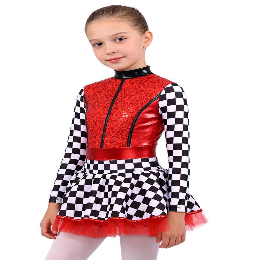 Choomomo Sequin Racer Girl Jumpsuit Kids Long Sleeve Race Car Driver Sparkly Checkered Leotard Dress Red 10 Years