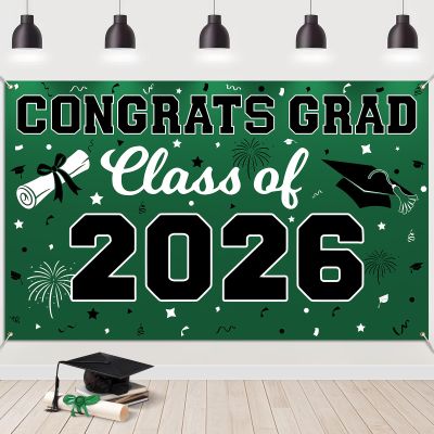 2026 Graduation Backdrop Banner, Congrats Grad Banner Class of 2026 Green Graduate Backdrop for Graduation Party Decorations (Green Black)