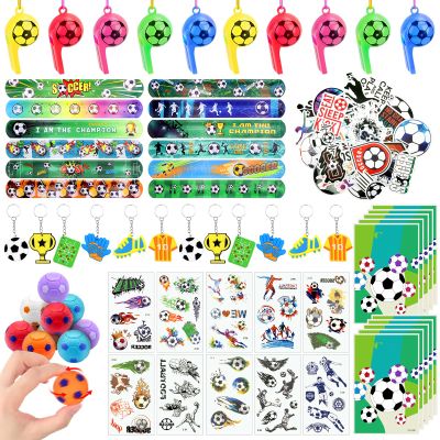 114 Pcs Soccer Party Favors, Soccer Birthday Party Supplies Goodie Bags with Whistle, Slap Bracelet, Spinning Ball, Keychain Tattoo Sticker for Kids Birthday Gift, Team Celebration Pinata Filler Decor